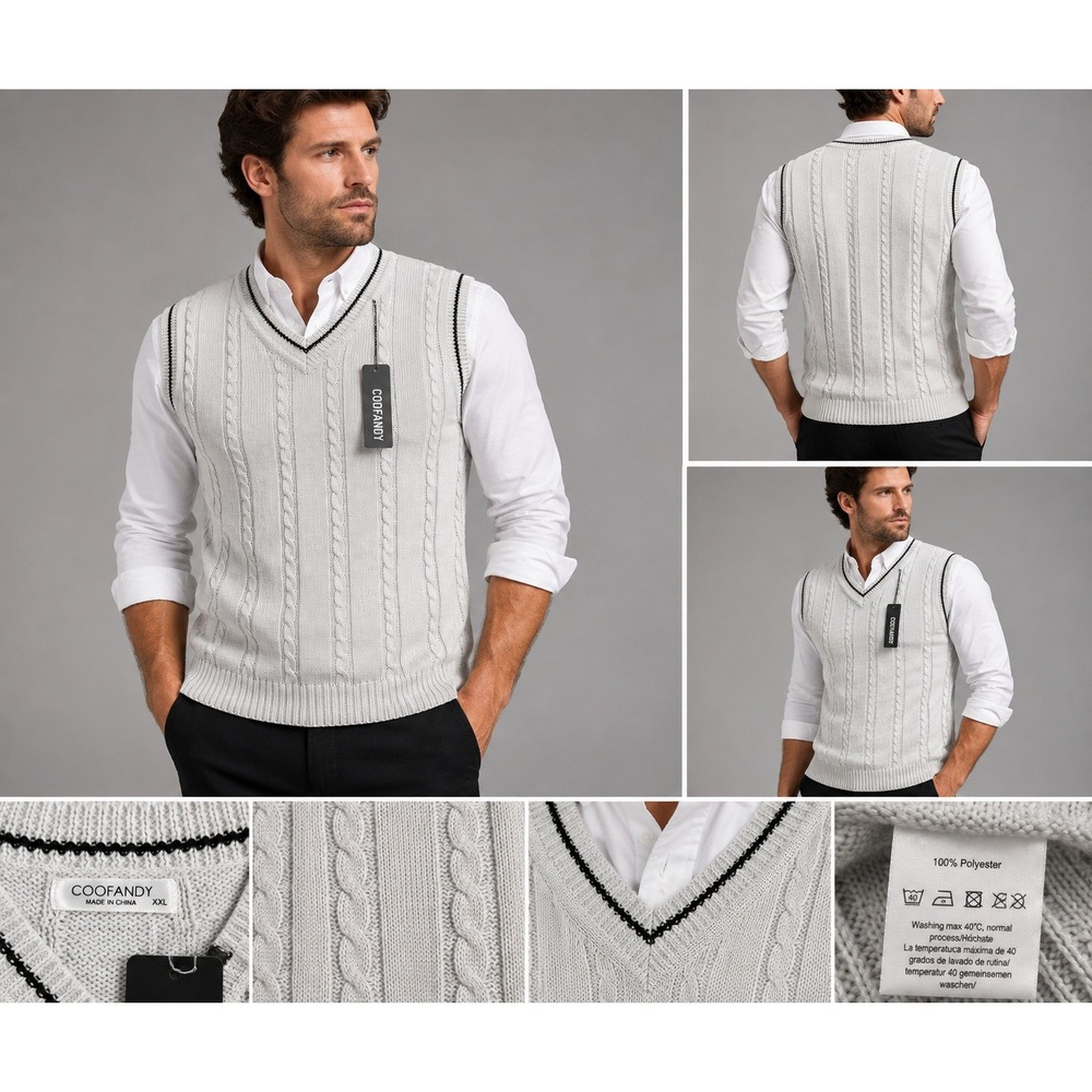COOFANDY Mens Cable Knit Sweater Vest Gray V-Neck Sleeveless Pullover XXL New